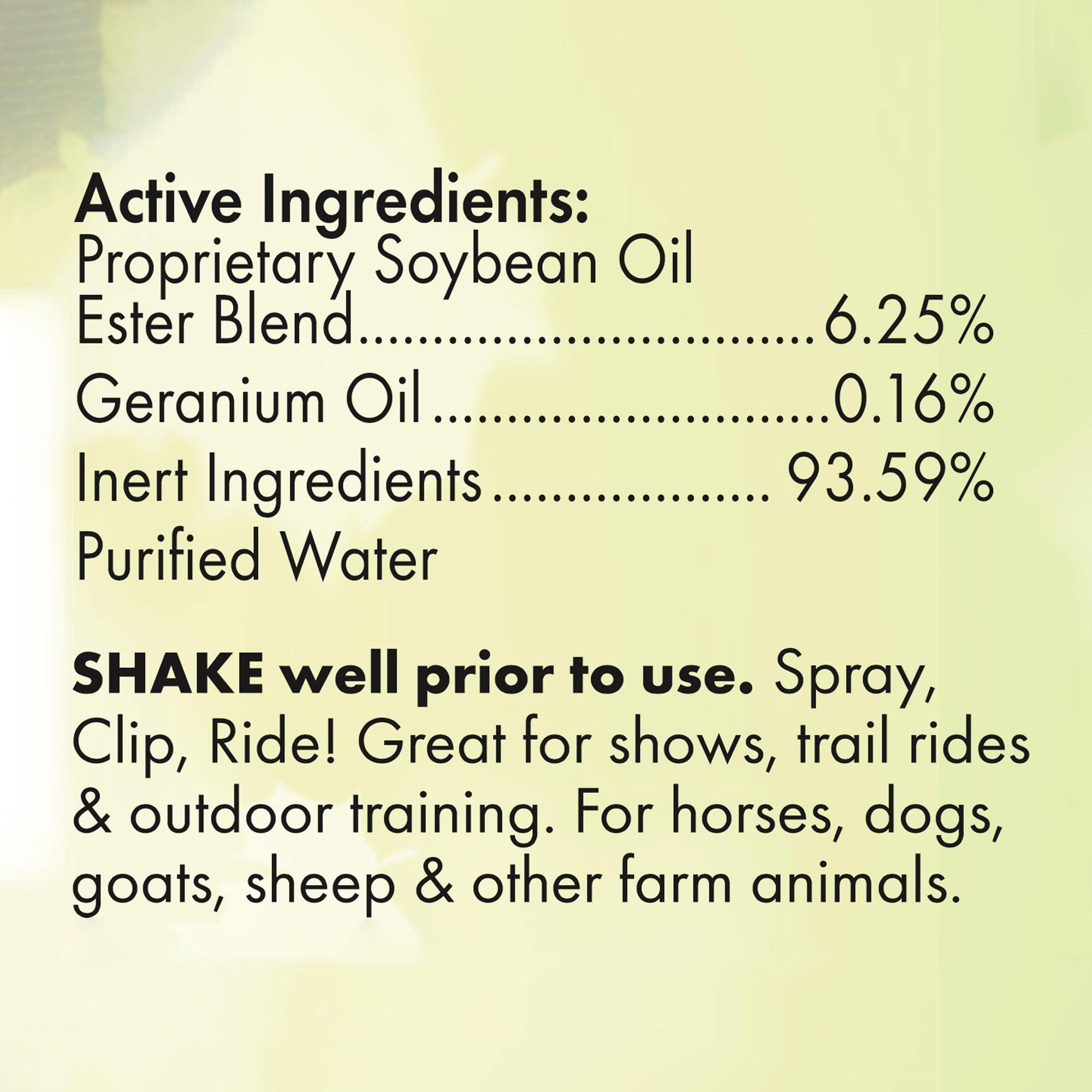 Portable horse fly spray Fly Bye! Equi-Spray label