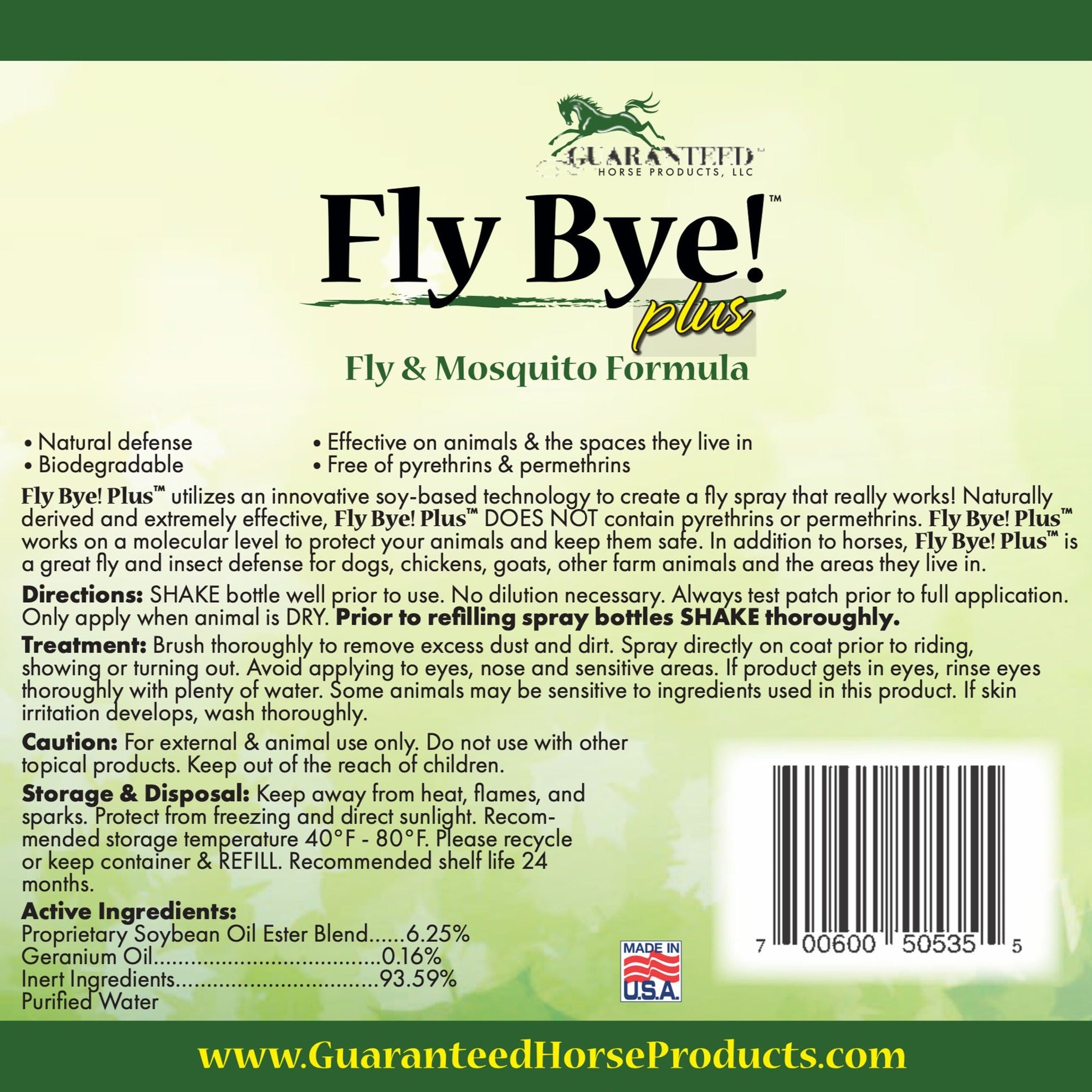Fly Bye! Plus 2.5 gallon horse fly spray and mosquito spray label and directions
