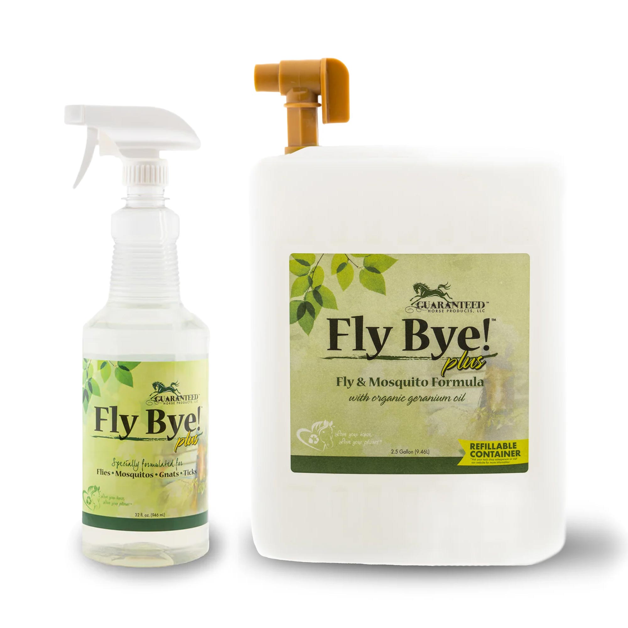 Fly Bye! Plus 32 oz fly spray and Fly Bye! Plus 2.5 Gallon fly spray refill