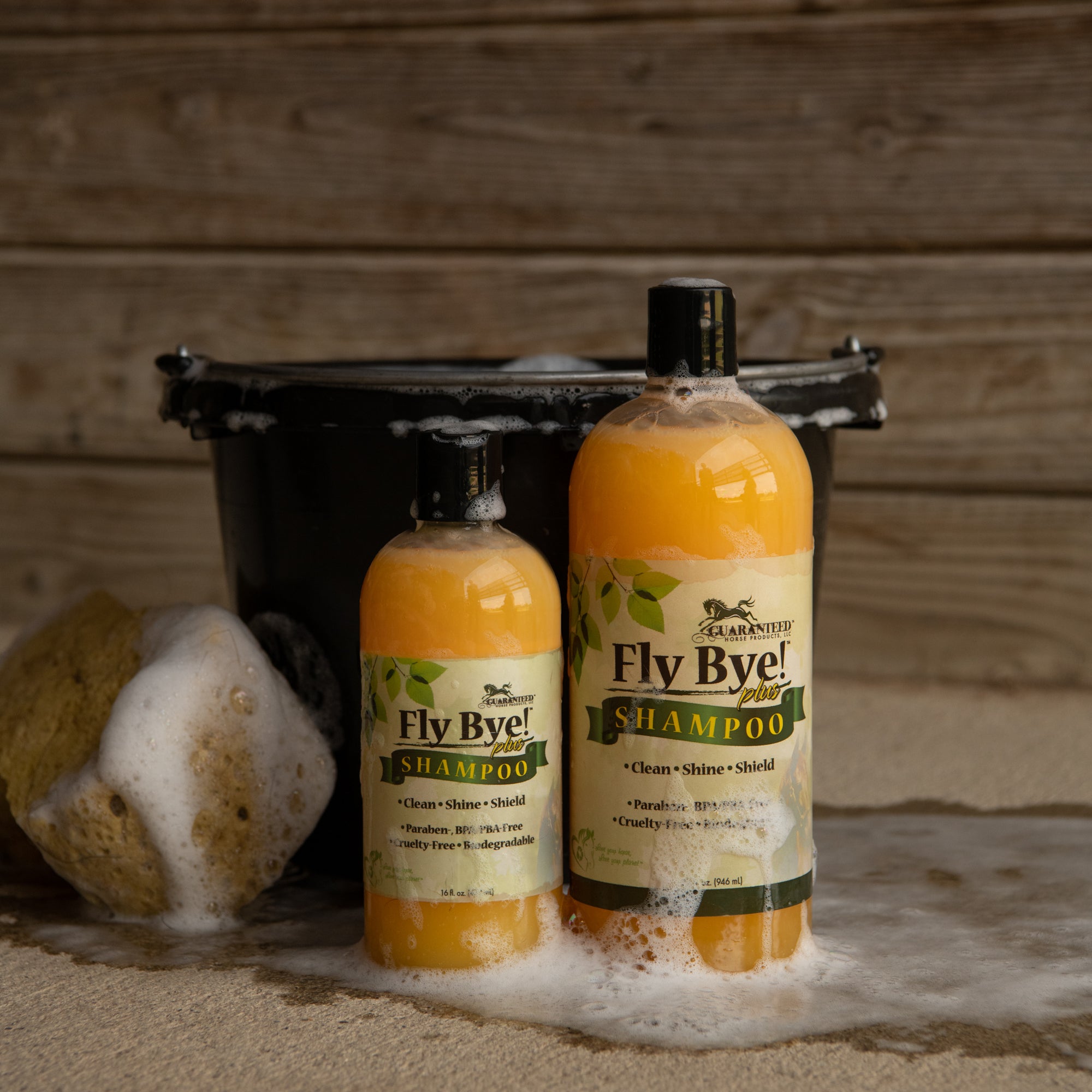 Horse shampoo and animal shampoo that provides fly control in two size bottles