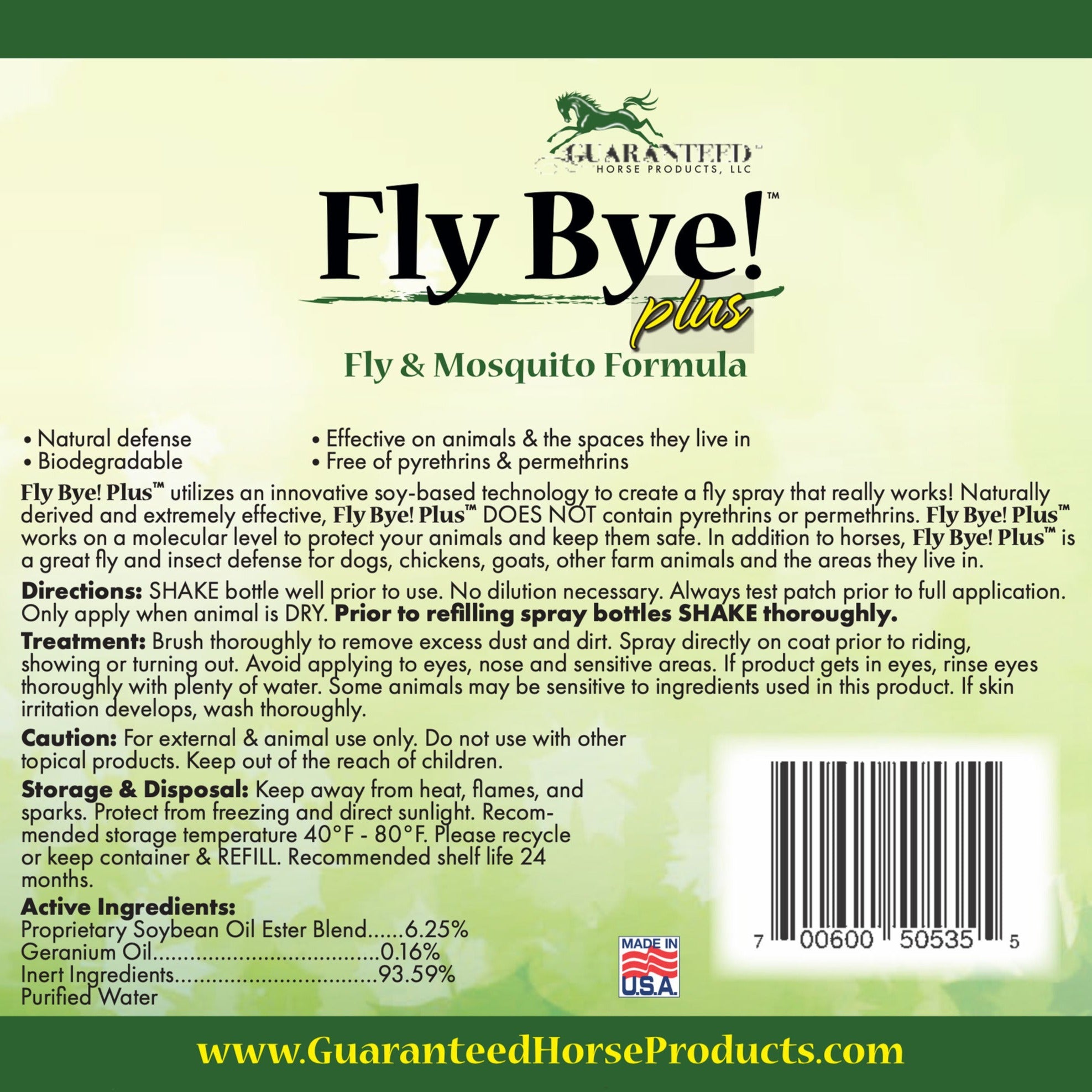 Fly Bye! plus fly and mosquito spray for horses and animals label