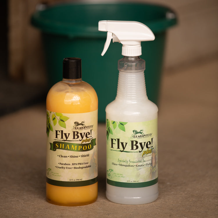 Fly repellent for horses in the Fly Bye! Plus Fly Shampoo and Fly Bye! Plus fly spray bottle.